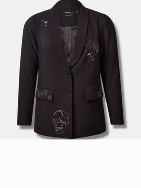 Black Embroidered Skull Blazer Jacket - Women